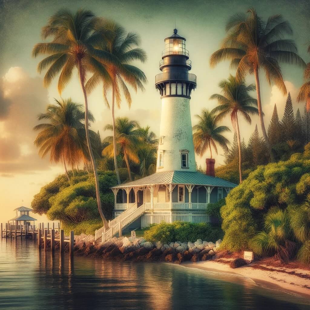 Depict a serene, historical scene at the northwest shore of Anna Maria Island, focusing on the Bean Point Lighthouse. The lighthouse, built in 1880 an