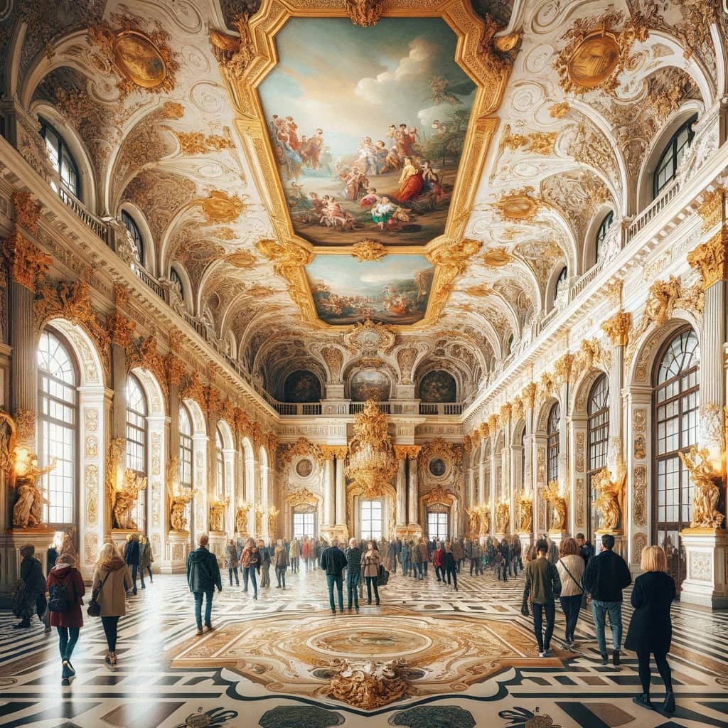 Schönbrunn Palace, featuring opulent Baroque designs, gold accents, and elaborate frescoes