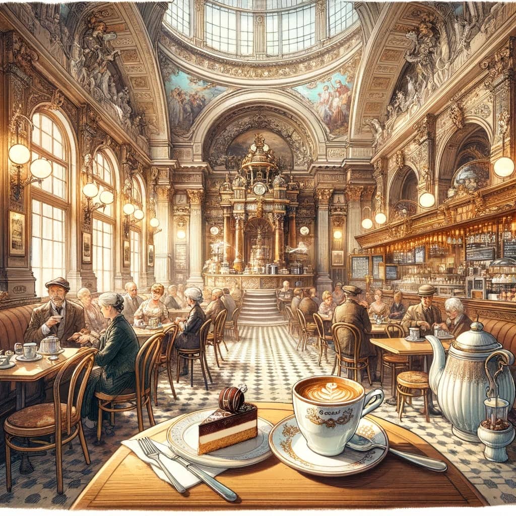 essence of a traditional Viennese coffeehouse, with patrons enjoying coffee and Sachertorte