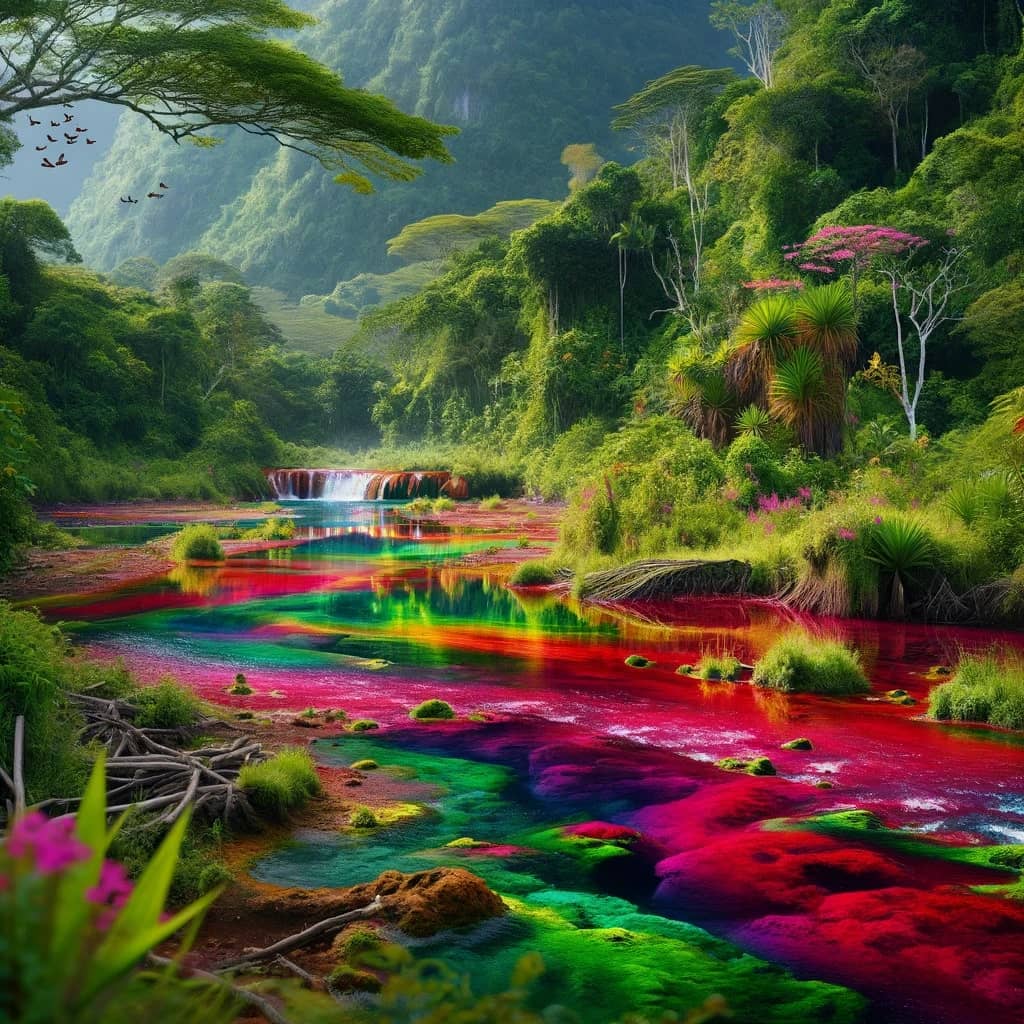 river weaving through a lush landscape with hues of red, pink green and yellow reflecting off its surface