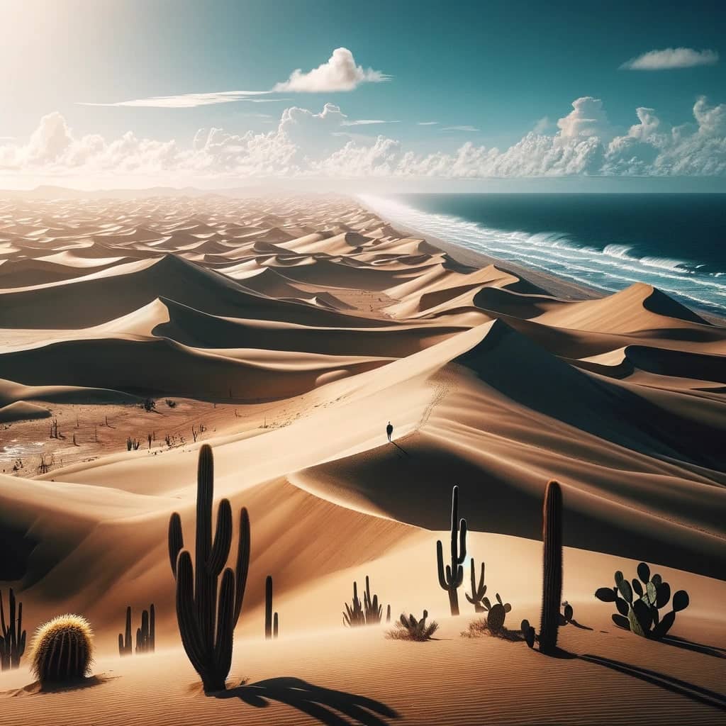 sprawling desert landscape under a clear blue sky with vast undulating Taroa dunes meeting the sea at the horizon