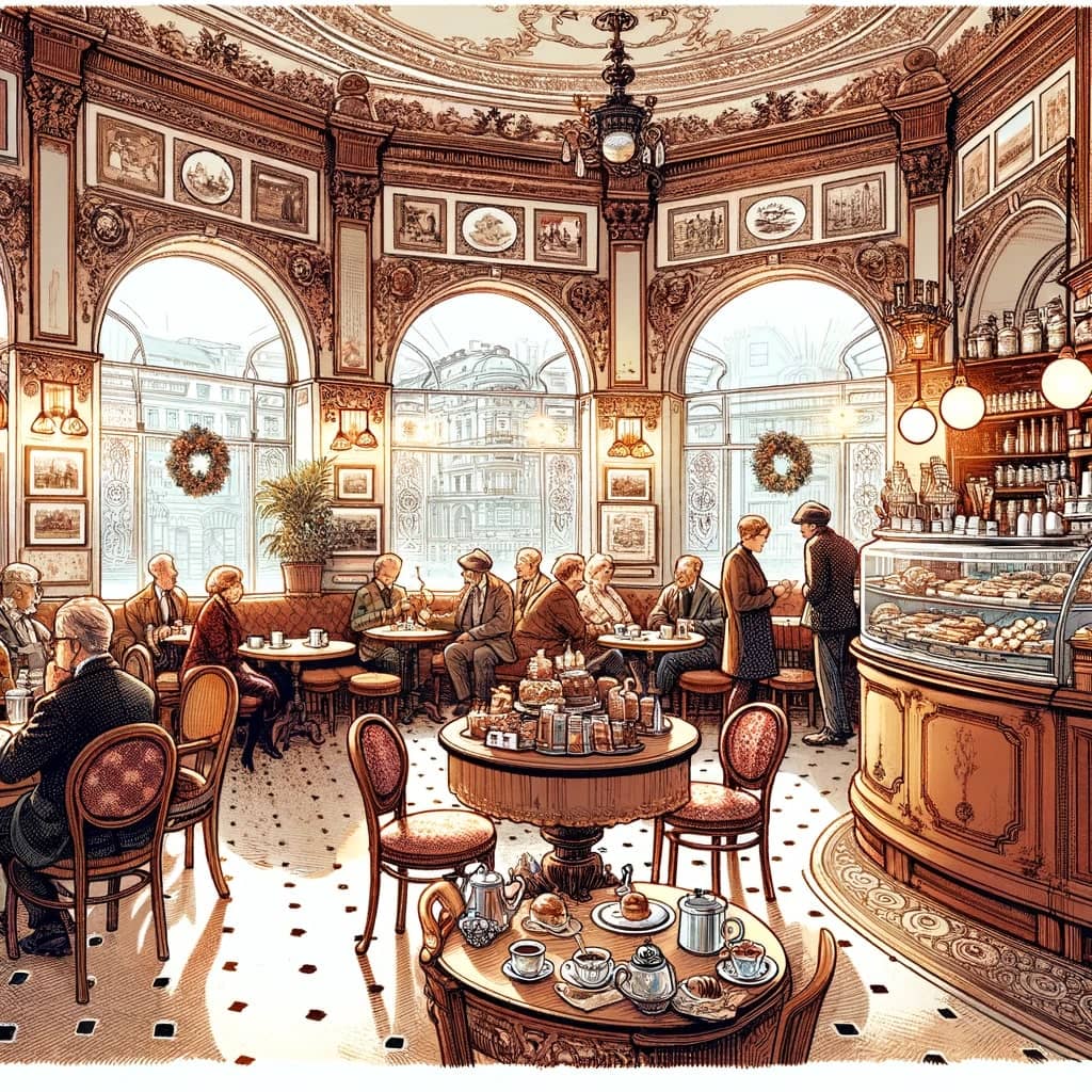 traditional Viennese coffeehouse with patrons enjoying conversations over cups of coffee